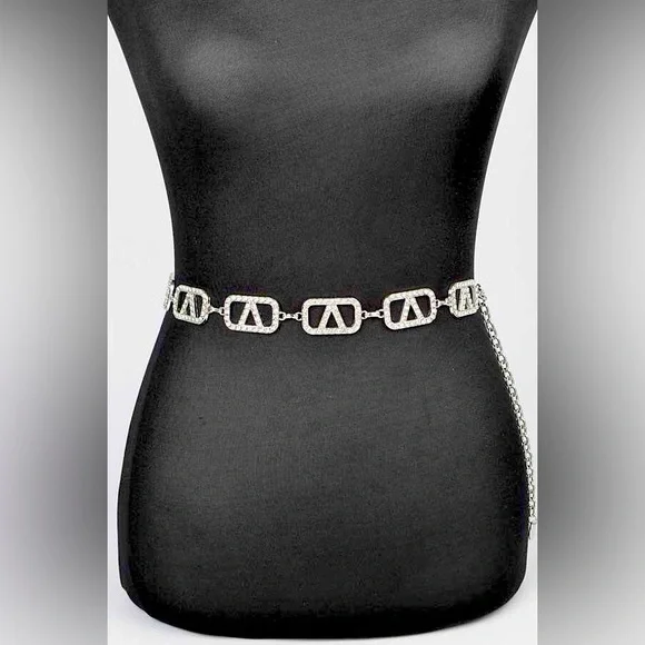 Plus Size Rhinestone Silver & Gold Metal Chain Adjustable Statement Belt - Picture 2 of 6